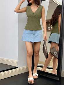 SHEIN EZwear 女士纯色V领系带亚麻背心，适合度假穿着 - 軍綠色 - 查看 3