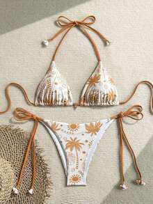 Swim Vcay Conjunto de Maiô com Estampa Tropical Feminino, Adequado para Praia e Férias - Laranja - Visão 3