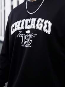 Artur Kramer 男士复古美式圆领卫衣，芝加哥字母印花，休闲街头风，秋冬款，长袖上衣 - 黑色 - 查看 4