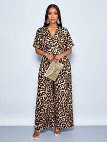 SOLERSUN Women's Sexy & Elegant Leopard Print Batwing Sleeve Waist Cinched Wide Leg Jumpsuit (Random Floral) - Brown - View 4