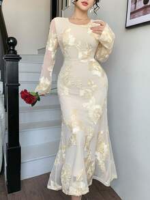 DAZY 女士优雅印花圆领中长连衣裙，春夏婚礼宾客礼服 - 杏色 - 查看 7