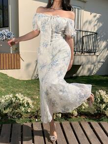 DAZY 2024夏季碎花泡泡袖收腰雪纺连衣裙，法式优雅长款连衣裙 - 彩色 - 查看 9