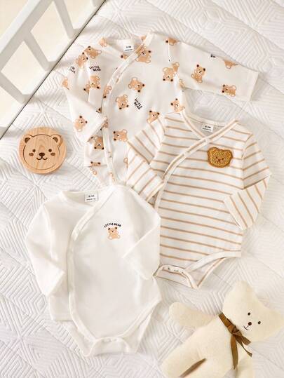SHEIN 3件套新生男宝宝秋季休闲纯色长袖T恤，可爱小熊卡通连体衣套装