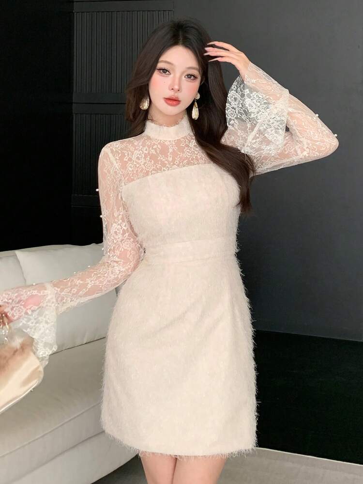 Women's Elegant Lace Patchwork Stand Collar Flare Sleeve Mini Dress, Spring/Summer Wedding Guest Dress Sundress