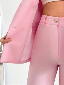 EURMUSE Women's Pink Double Breasted Suit Set With Gold Detailed Button - Pink - View 3