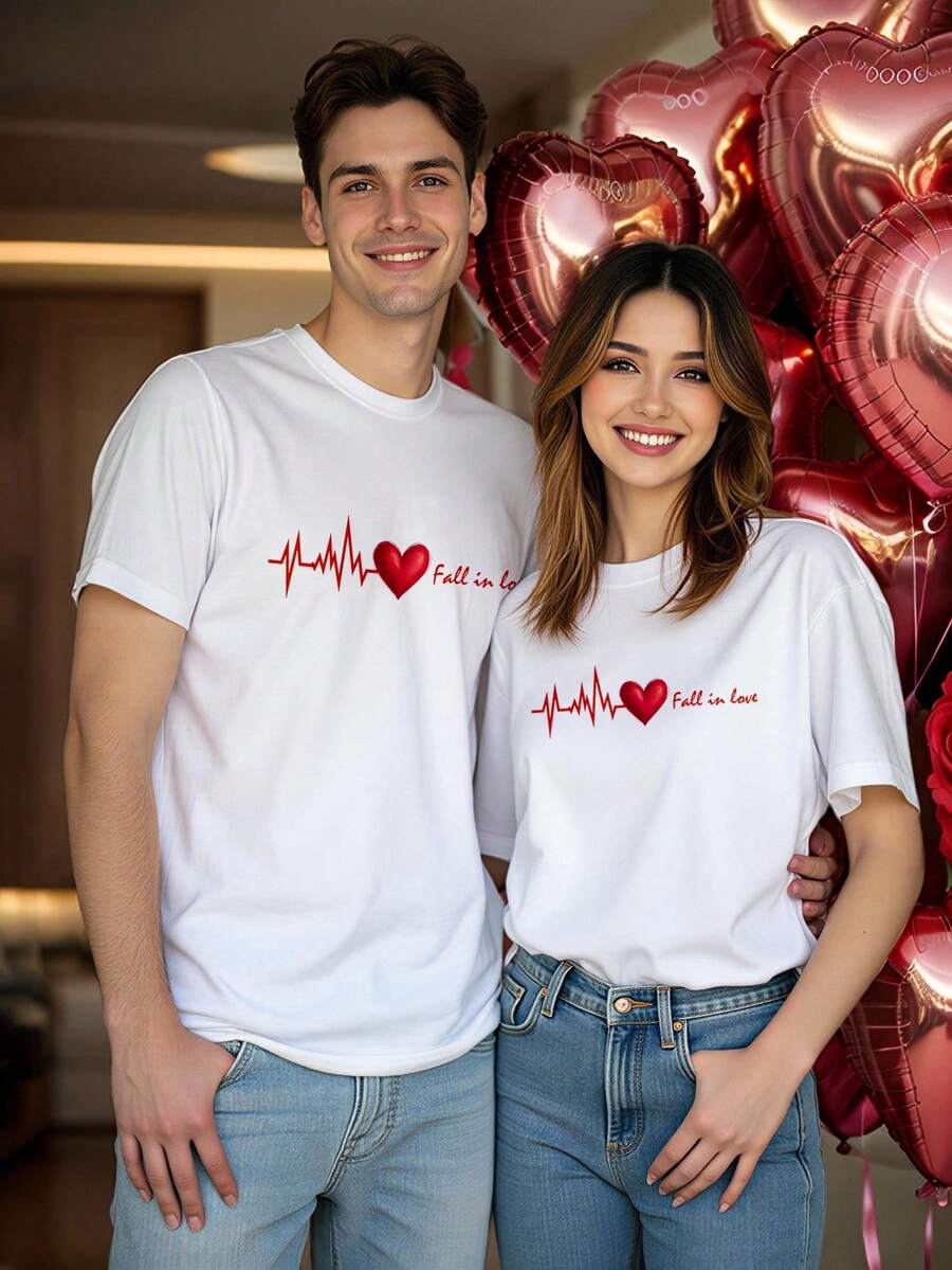 Manfinity Homme Valentine's Day Romantic Heart Beat Slogan Casual Print White Crew Neck T-Shirt For Men, Regular Fit - White - View 1