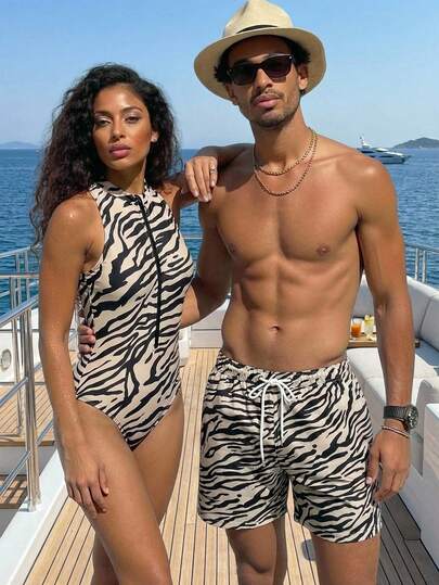 Manfinity VDAYZ 男士时尚休闲度假斑马纹抽绳腰沙滩短裤，夏季