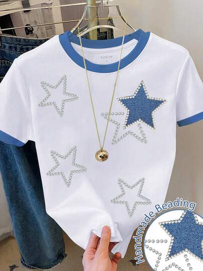 Resyla Women's Colorblock Trim Five-Pointed Star Pattern Short Sleeve Round Neck T-Shirt