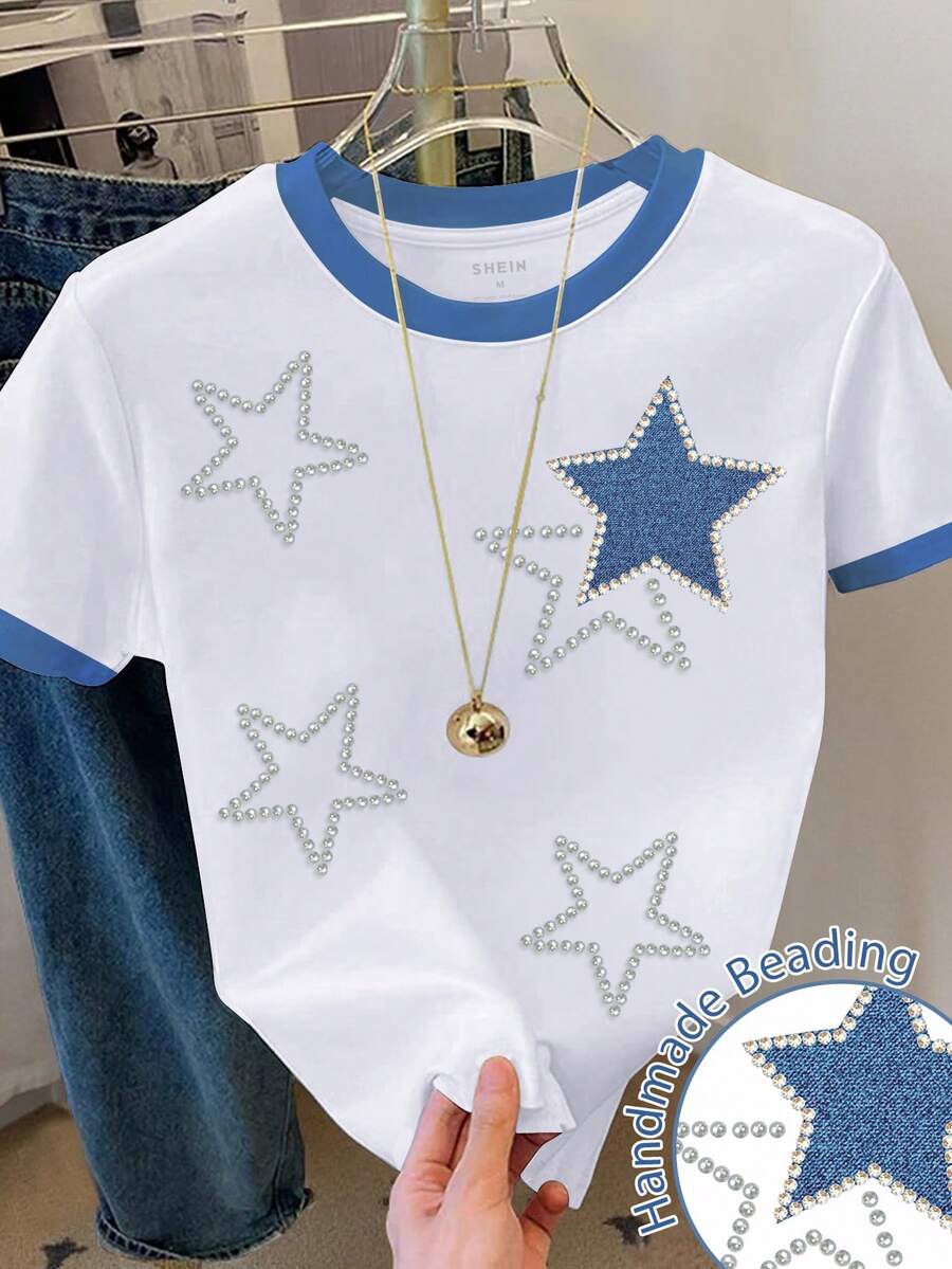 Resyla Women's Colorblock Trim Five-Pointed Star Pattern Short Sleeve Round Neck T-Shirt - White - View 1