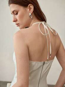 MOTF PREMIUM WOMEN'S SUMMER SOLID COLOR FAUX PEARL & RHINESTONE DECOR RUCHED CROPPED BACKLESS HALTER TOP - Apricot - View 4