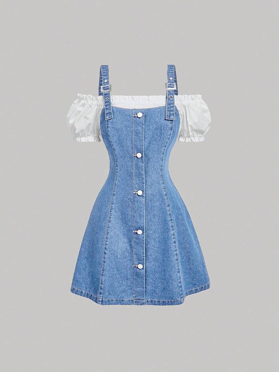 SHEIN MOD 女士牛仔迷你连衣裙，休闲修身拼接款 - 中等水洗藍 - 查看 1