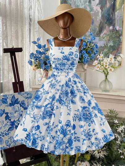 Sparklyn Blå blommig ärmlös klänning för flickor: Elegant vitblått mönster, rynkad midja och böljande. Mångsidig, bekväm och snygg för stora barn. Perfekt för avslappnade utflykter, familjemiddagar, lekträffar eller helgträffar. Andningsbar och vardagsbruk