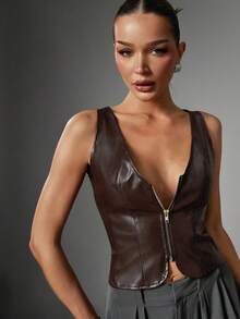 Hauture Áo nữ da giả không tay cổ chữ V sâu, màu trơn, khóa kéo, gợi cảm. - màu nâu - Xem 1