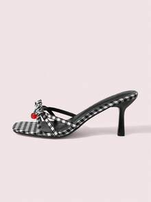 CUCCOO DOLLMOD Women Summer Fashion Elegant Plaid Bow Heeled Sandals - Black and White - View 7
