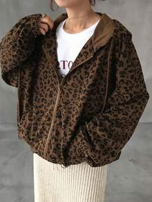 FRIFUL Áo khoác nữ bằng vải nhung kẻ in họa tiết da báo, có khóa kéo phía trước và dây rút, có mũ trùm đầu. - màu nâu - Xem 1