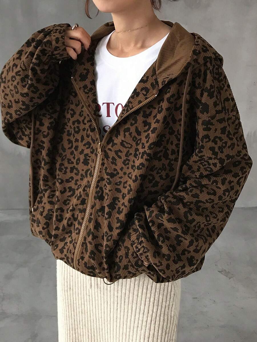FRIFUL Áo khoác nữ bằng vải nhung kẻ in họa tiết da báo, có khóa kéo phía trước và dây rút, có mũ trùm đầu. - màu nâu - Xem 1