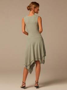 COSMINA Elegant Sage Green Summer Tea Party Dress,Sleeveless Round Neck Double-Layer Asymmetrical Hem Knitted Stretchy Textured Material Vacation Outing - Green - View 5