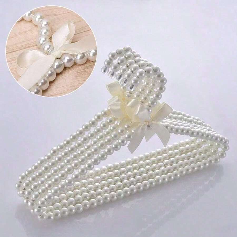 1/2/5/10pcs Pearl Beaded Bow Clothes Hanger, 40cm Plastic Clothes Rack, Pearl Dress Pants Coat Hangers For Adult Clothes,Princess Clothespins Wedding Dress Hanger - White 40cm - View 1
