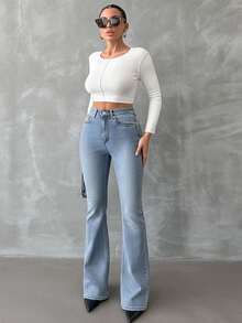EURMUSE 98%Cotton Zip Solid Color Slant Pocket Front Flare Jeans - Dusty Blue - View 5