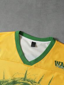Manfinity Campus Court Set Kaos Pria Warna Kuning Gaya Streetwear Musim Panas, Liburan Kota, Fashion Personalisasi, Motif Yesus Ukuran Besar, Set Olahraga Sepak Bola, Blok Warna Hijau - Kuning - View 6