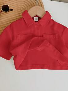 SHEIN LMoss Kids 女婴可爱白色短袖衬衫，夏季百搭 - 紅色 - 查看 3