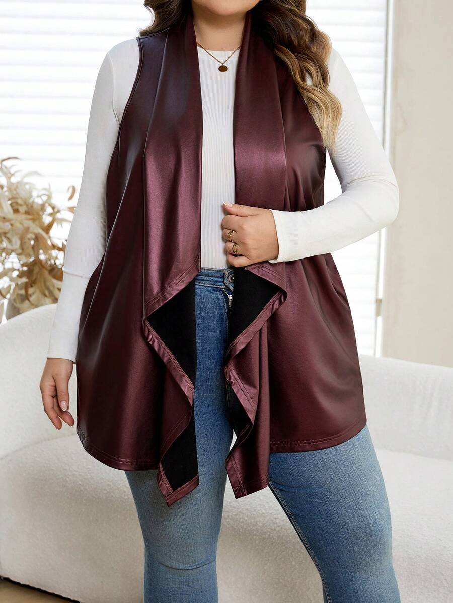 SHEIN CURVE+ Plus Size Burgundy PU Asymmetrical Waterfall Neckline Vest Regular Length Casual Coat - Burgundy - View 1