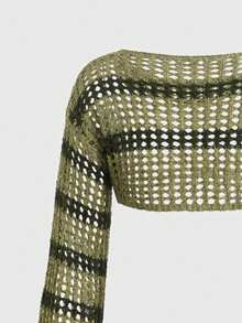 GlowEve 女士夏季度假撞色条纹镂空短款针织毛衣 - 軍綠色 - 查看 4