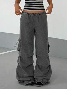 StreetHx Women's Casual Washed Low Waist Wide Leg Cargo Jeans - Black - View 1