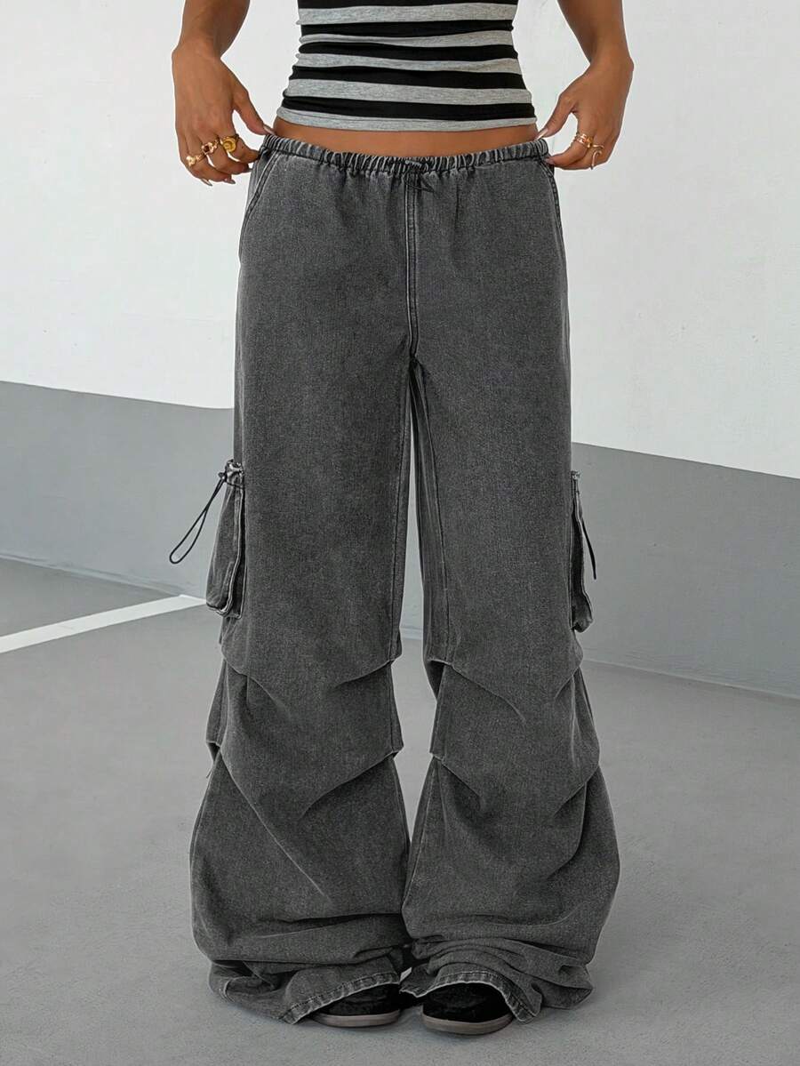 StreetHx Women's Casual Washed Low Waist Wide Leg Cargo Jeans - Black - View 1