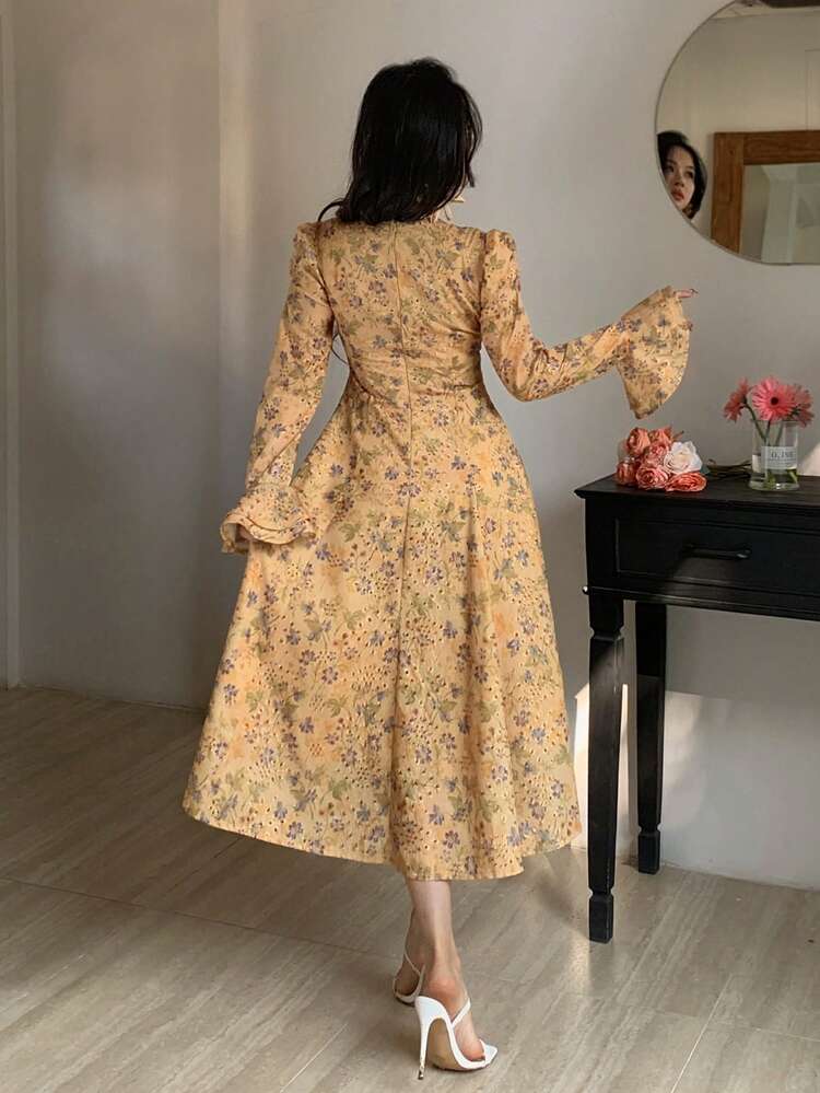 French Chiffon Ditsy Floral Long Dress, High-End Dress, Long Sleeve Dress For Women Dress Sundress Boho
