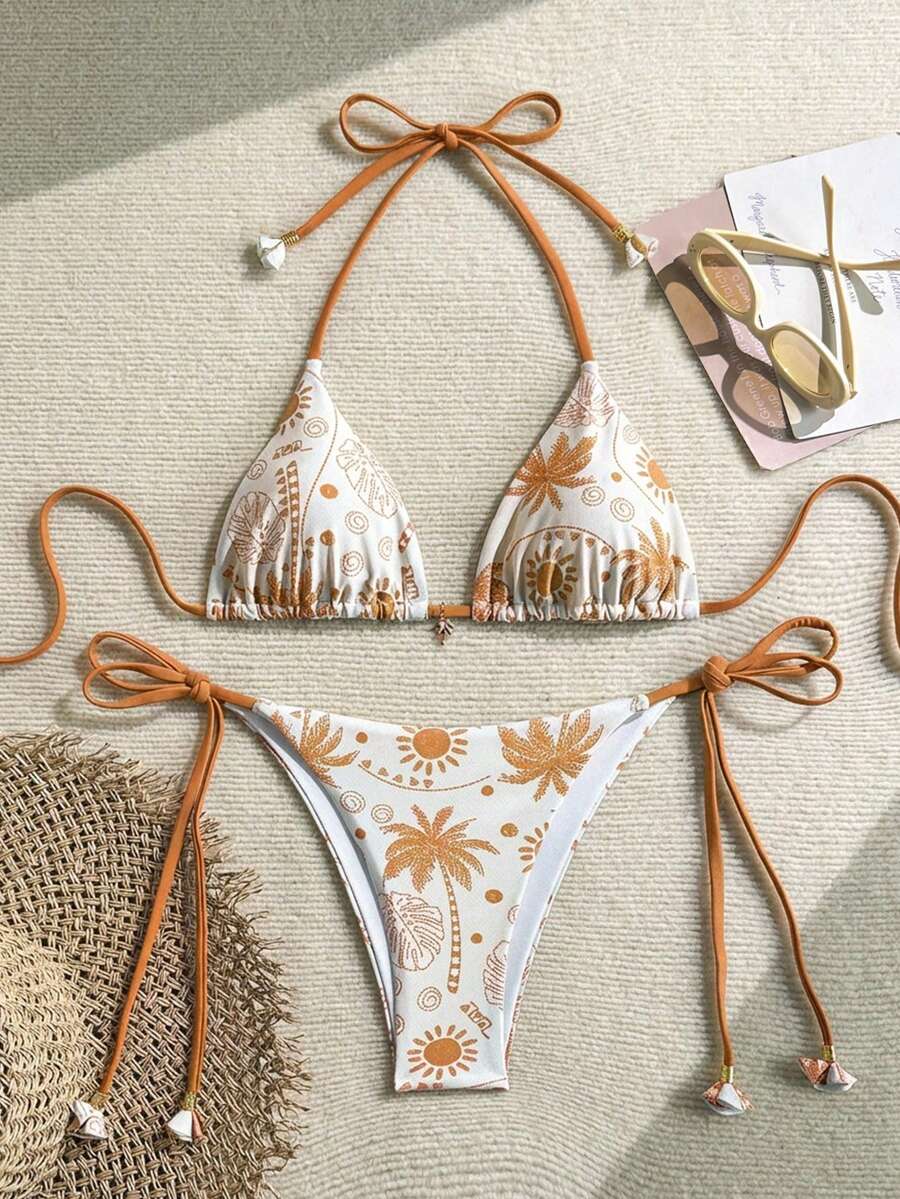 Swim Vcay Conjunto de Maiô com Estampa Tropical Feminino, Adequado para Praia e Férias - Laranja - Visão 1