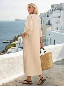 SHEIN Holidaya Women's Casual Loose Cotton Pocket Dress, Suitable For Vacation - Apricot - View 2