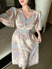 DAZY Đầm midi nữ thanh lịch cổ chữ V tay bồng họa tiết hoa, đầm dự tiệc cưới mùa hè, đầm maxi phong cách boho, trang phục đi nghỉ mát cho nữ. - Màu xanh lam - Xem 4