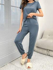 Slogan Graphic Tee & Tie Front Trousers PJ Set - Dusty Blue - View 5