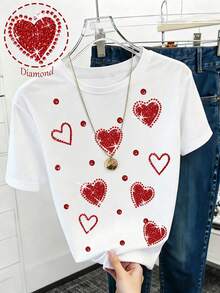 GlowEve 女士休闲爱心水钻装饰圆领短袖T恤，夏季 - 白色 - 查看 5
