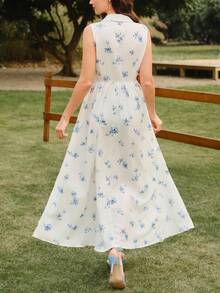 Vintamour Vestido ajustado con cuello y estampado floral elegante y vintage, para primavera/verano - Azul y blanco - Ver 2