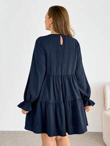 SHEIN Essnce Plus-Size Women's Navy Blue Autumn Long-Sleeved Dress,Smart Casual Vacation Textured Fabric Loose Fashion Everyday Comfortable Basic Dress - Navy Blue - View 2