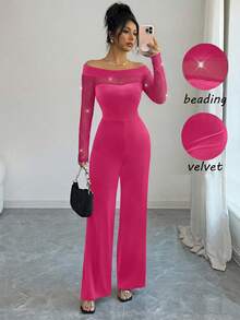Elenzga Bộ jumpsuit công sở thanh lịch, thoải mái với thiết kế trễ vai phối lưới, điểm nhấn ngọc trai, eo ôm sát, phù hợp cho mùa thu/đông. - Hồng - Xem 7