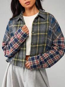 MISSGUIDED Mixed Plaid Button Up Collared Shirt With Contrasting Sleeves Fall Winter Casual Office Blouse Top - Multicolor - View 5