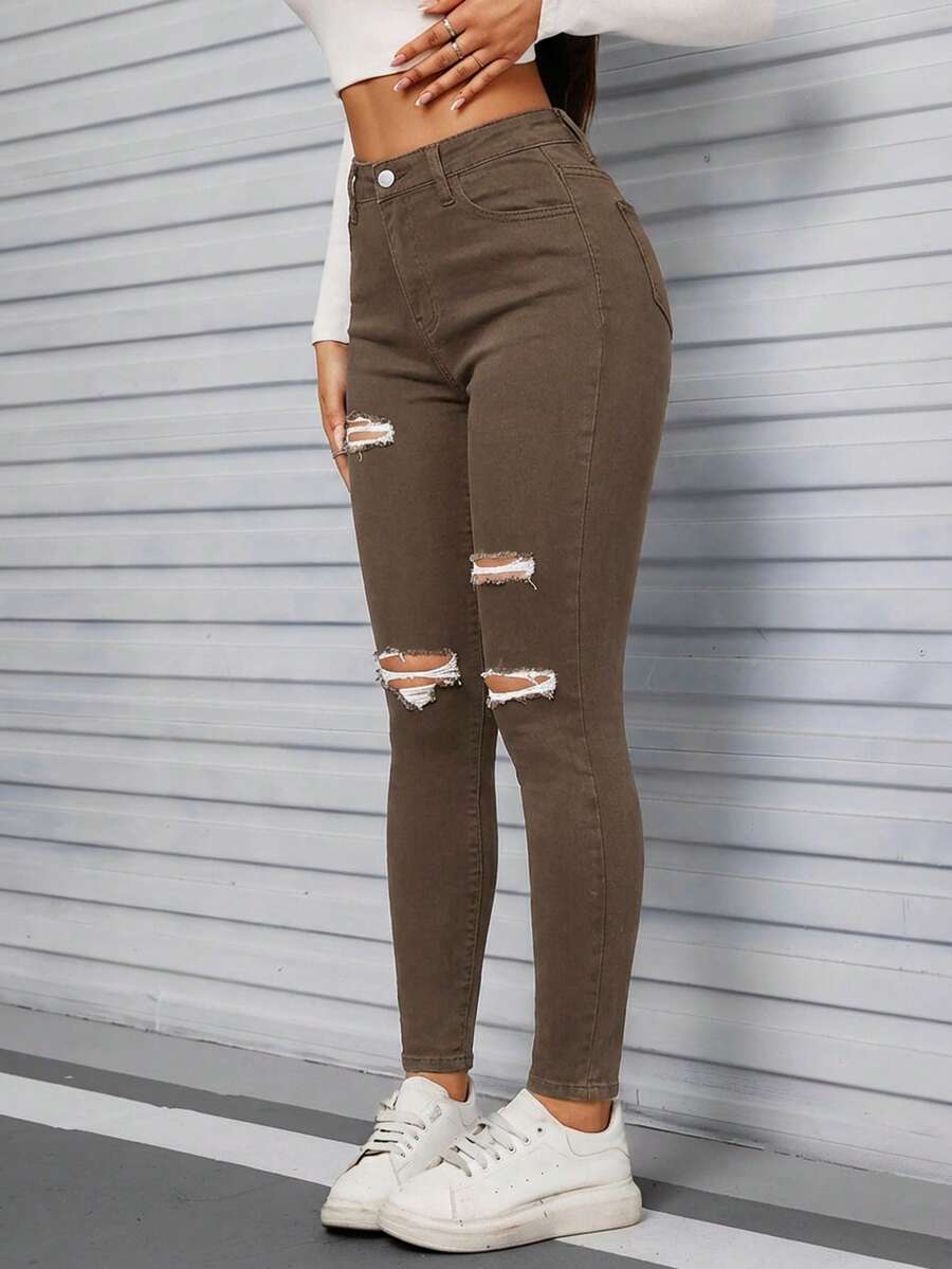 SHEIN EZwear 黑色斜插口袋破洞紧身牛仔裤 - 咖啡棕 - 查看 1