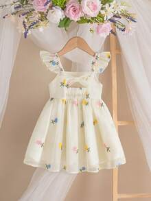 SHEIN 这款女婴休闲、简约、可爱的无袖连衣裙，饰有通体花卉印花，适合生日派对、晚宴、演出、婚礼、洗礼、开幕式、日常穿着、上学、郊游以及秋冬季节穿着。 - 彩色 - 查看 4
