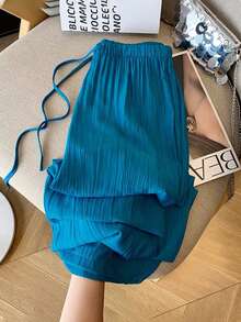 Franclia 法国蓝高腰褶裥裤，轻薄夏季长裤，女式喇叭裤 - 藍色 - 查看 1