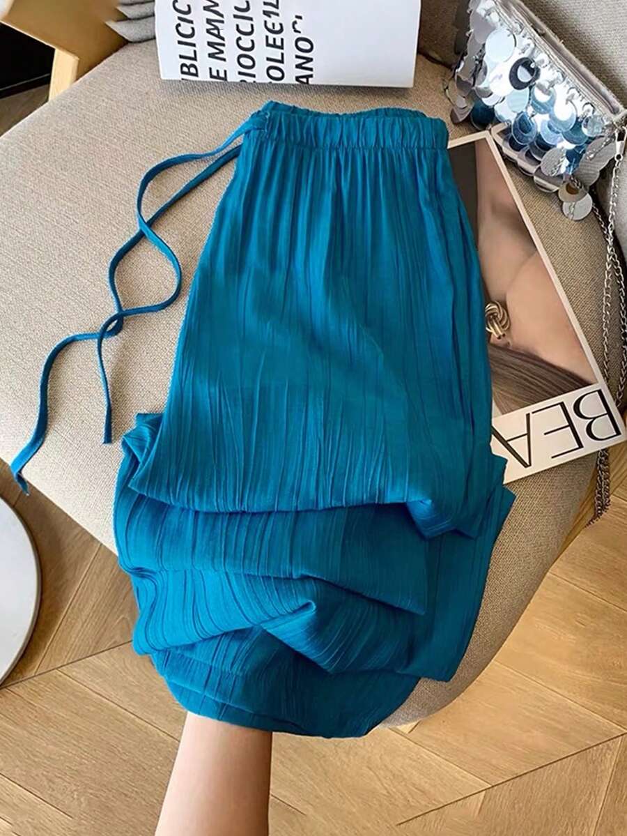 Franclia 法国蓝高腰褶裥裤，轻薄夏季长裤，女式喇叭裤 - 藍色 - 查看 1