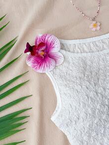 SHEIN Tween Girl 2-Piece Set: White Textured Knit Cold-Shoulder Top & Colorful Striped Skinny Shorts, Summer Tropical Vacation Holiday Crochet Knit Outfit - Multicolor - View 3