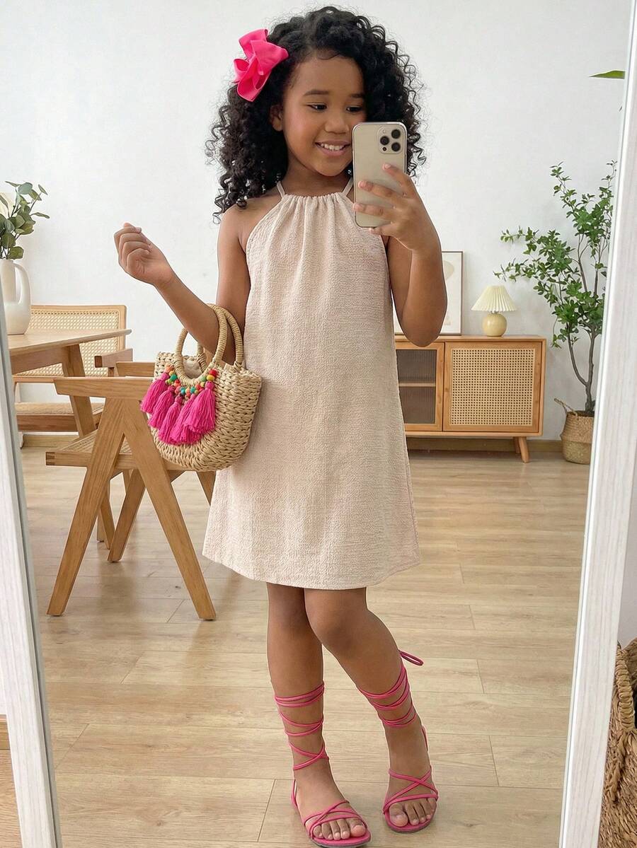 SHEIN Tween Girls Sleeveless Jacquard Apricot Flared Casual Vacation Dress - Apricot - View 1