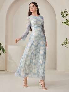 Veilorie 女士扎染圆领喇叭袖褶皱优雅连衣裙 - 彩色 - 查看 3