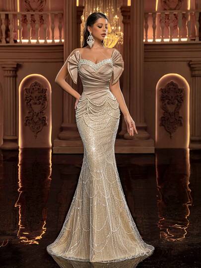 Glamrae Elegant Luxurious Beaded, Sequin, Bubble, Diamond Embellished Sexy Mermaid Hem Dress With Organza Chiffon Ruched Fabric, Suitable For Weddings, Events, Parties, Vacations, Galas, Formal Occasions (Heavy Embellishment)