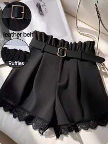 Franclia 高腰修身百搭休闲蕾丝设计黑色短裤 - 黑色 - 查看 1