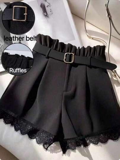 Franclia 高腰修身百搭休闲蕾丝设计黑色短裤