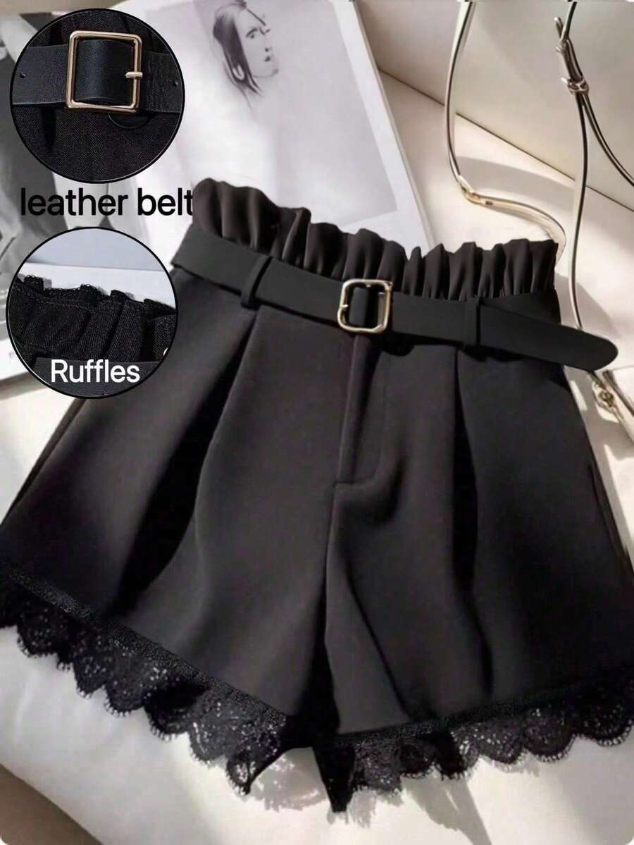 Franclia 高腰修身百搭休闲蕾丝设计黑色短裤 - 黑色 - 查看 1